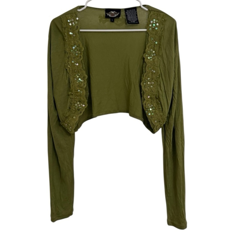 Harley Davidson Y2K 2005 Lace Trim Cropped Cardigan Olive Green Women’s Large - Picture 1 of 5